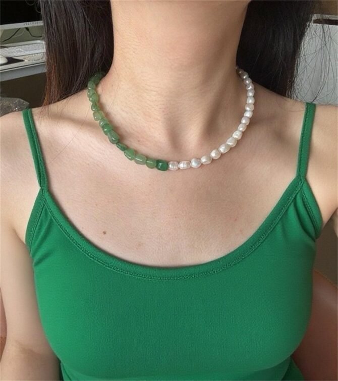 XL22 Natural Green Aventurine Pearl Necklace An Elegant Presentation of Natural Elements