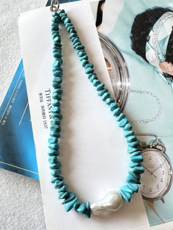 XL25 Small-batch designed turquoise and natural pearl necklace - Image 2