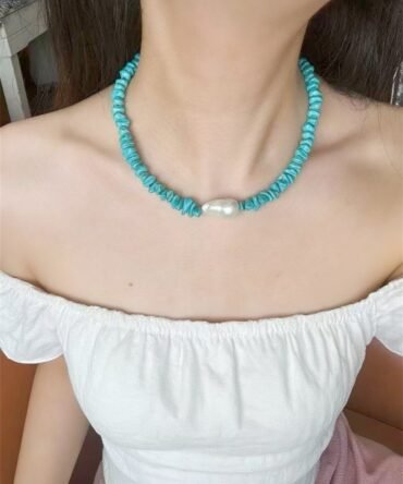 XL25 Small-batch designed turquoise and natural pearl necklace