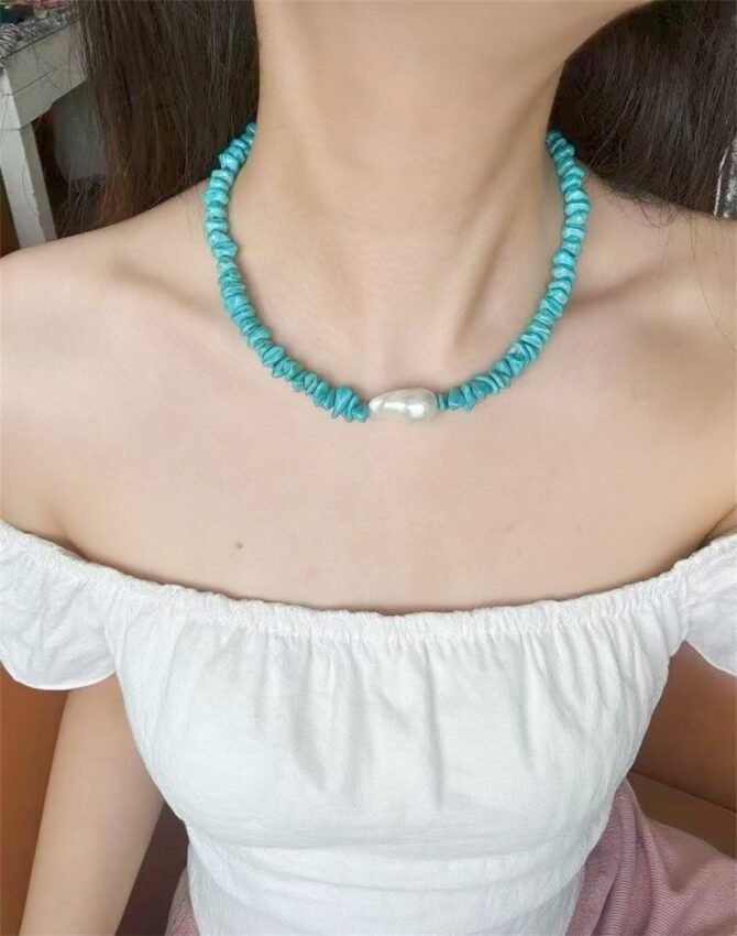 XL25 Small-batch designed turquoise and natural pearl necklace
