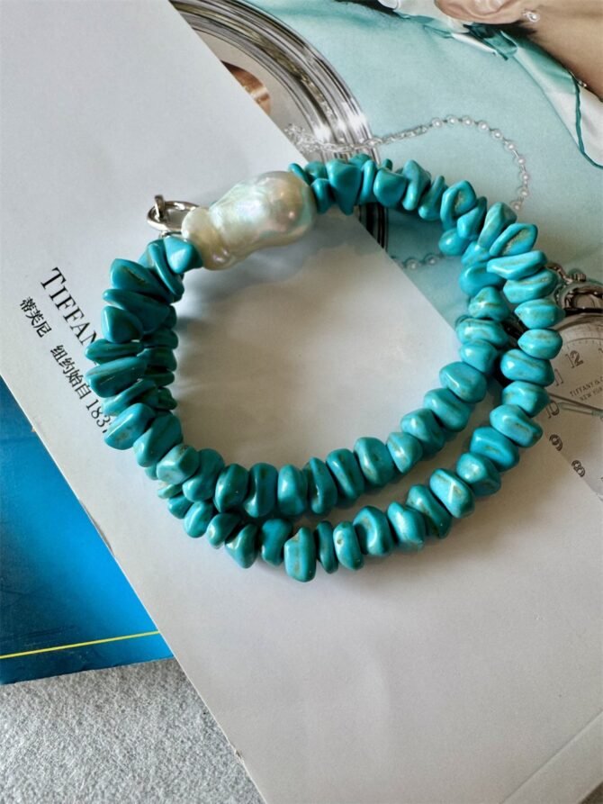 XL25 Small-batch designed turquoise and natural pearl necklace - Image 6
