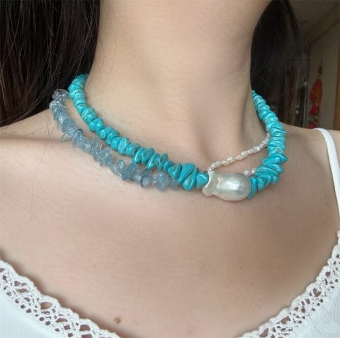 XL25 Small-batch designed turquoise and natural pearl necklace - Image 5