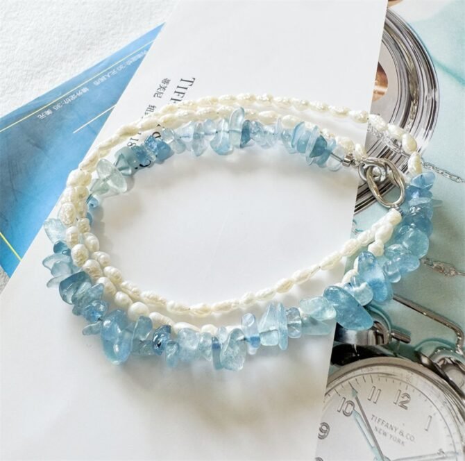 XL26 Natural Aquamarine and Pearl Spliced Necklace for Women, Ins Niche Design, Light Luxury High-end, Versatile Choker - Image 4