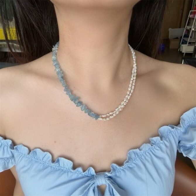 XL26 Natural Aquamarine and Pearl Spliced Necklace for Women, Ins Niche Design, Light Luxury High-end, Versatile Choker - Image 2