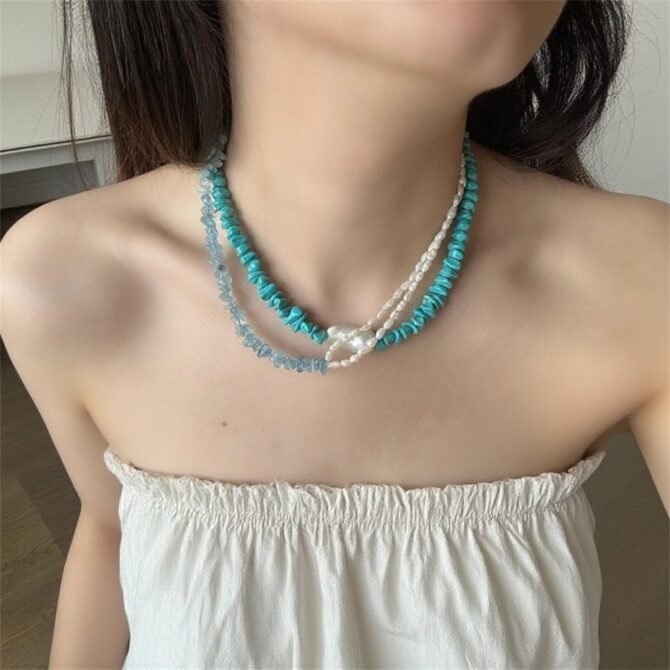 XL26 Natural Aquamarine and Pearl Spliced Necklace for Women, Ins Niche Design, Light Luxury High-end, Versatile Choker