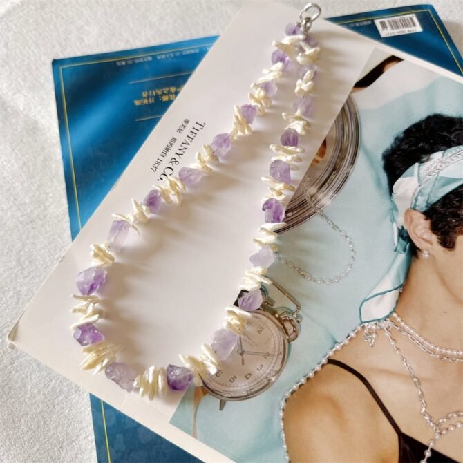 XL29 Amethyst Natural Baroque Pearl Necklace, Niche Designed Sterling Silver Clasp Neckwear - Image 5