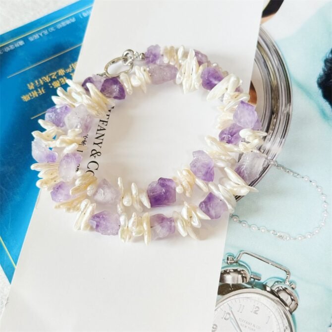 XL29 Amethyst Natural Baroque Pearl Necklace, Niche Designed Sterling Silver Clasp Neckwear - Image 4