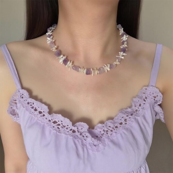XL29 Amethyst Natural Baroque Pearl Necklace, Niche Designed Sterling Silver Clasp Neckwear