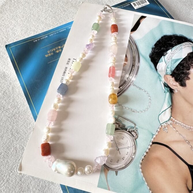 XL30 Colorful Natural Stone and Freshwater Pearl Mixed Necklace - Image 3
