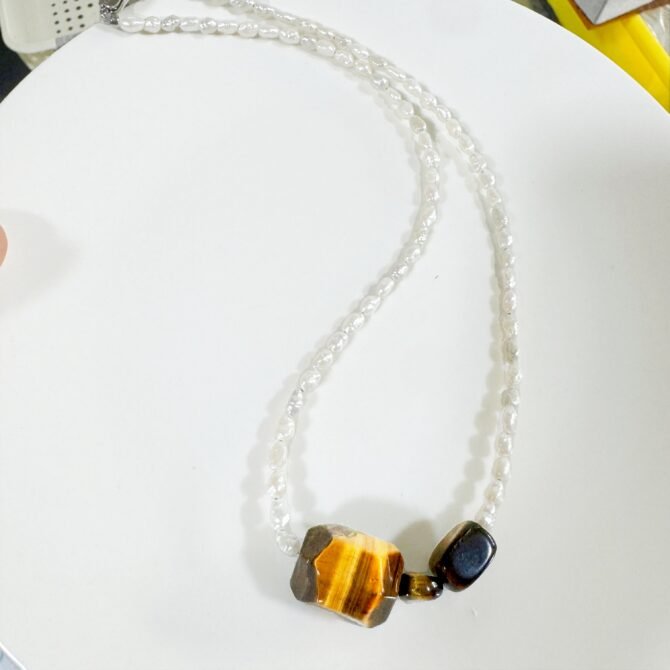 XL34 Natural pearl pendant rice bead necklace